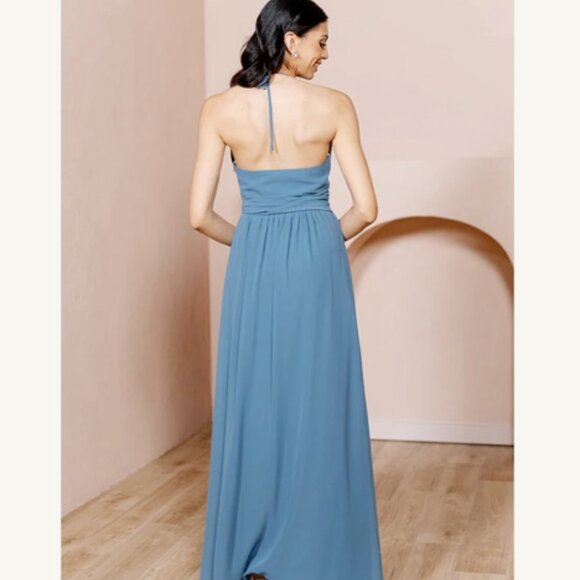 Hannah Chiffon Faux Wrap Dress- Navy Blue, Petite Maxi: 41 in waist to hem - Picture 4 of 6